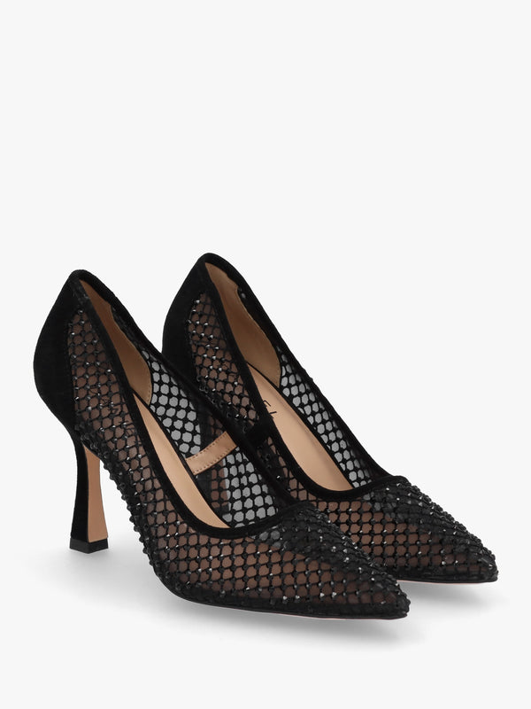 Alma Black Crystal Mesh Heeled Court Shoes