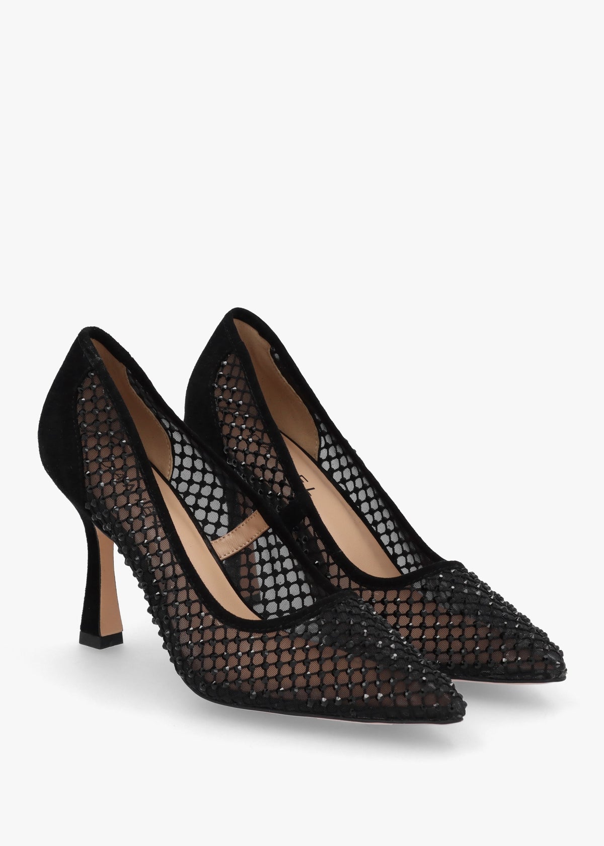 Alma Black Crystal Mesh Heeled Court Shoes