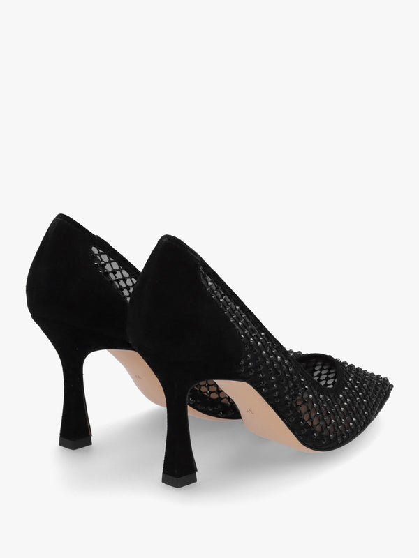Alma Black Crystal Mesh Heeled Court Shoes