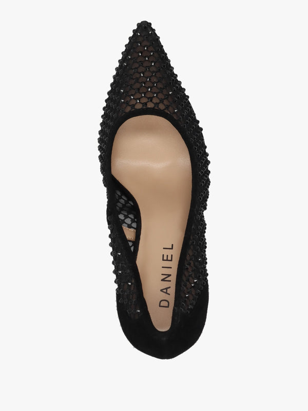 Alma Black Crystal Mesh Heeled Court Shoes