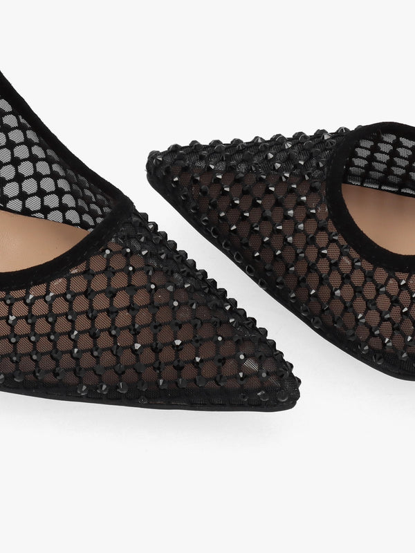 Alma Black Crystal Mesh Heeled Court Shoes