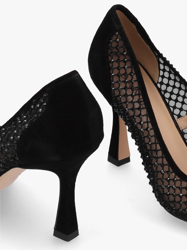 Alma Black Crystal Mesh Heeled Court Shoes