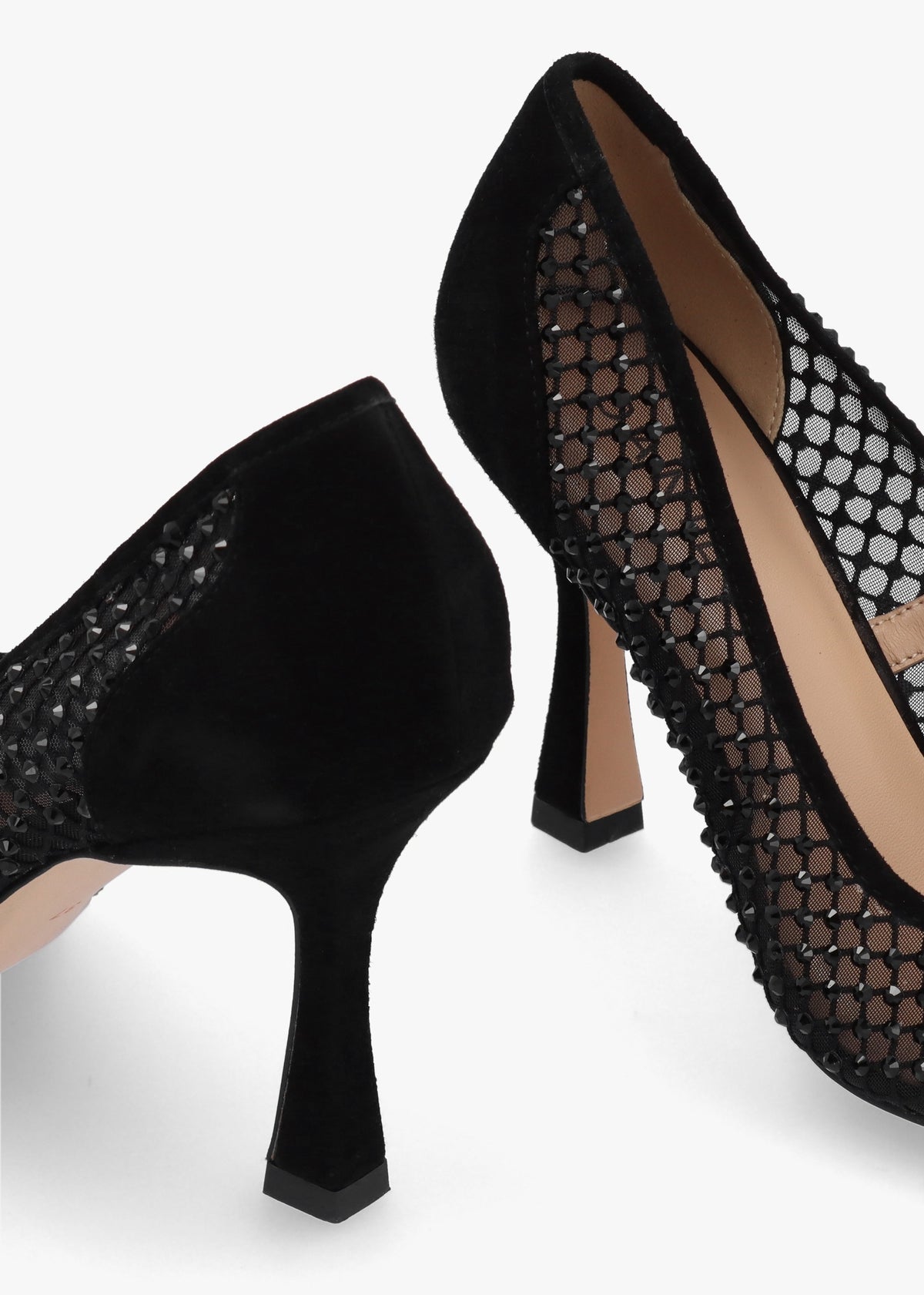 Alma Black Crystal Mesh Heeled Court Shoes
