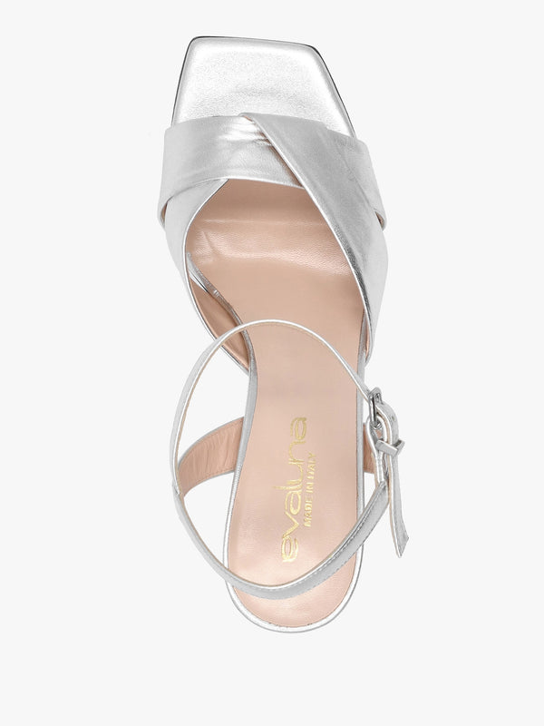 Silver Leather Cross Strap Heeled Sandals