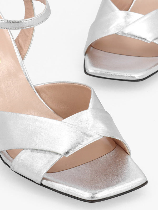 Silver Leather Cross Strap Heeled Sandals