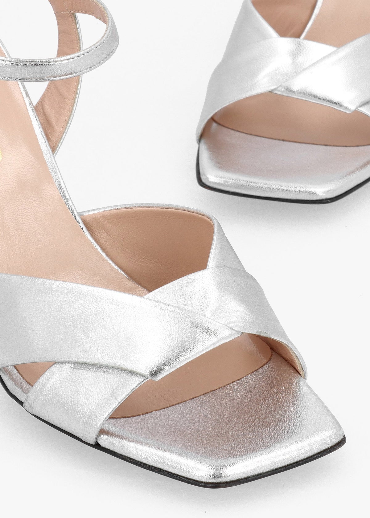 Silver Leather Cross Strap Heeled Sandals