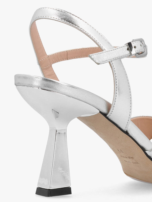 Silver Leather Cross Strap Heeled Sandals