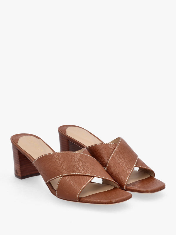 Freddi Polo Tan Leather Cross Strap Heeled Mules