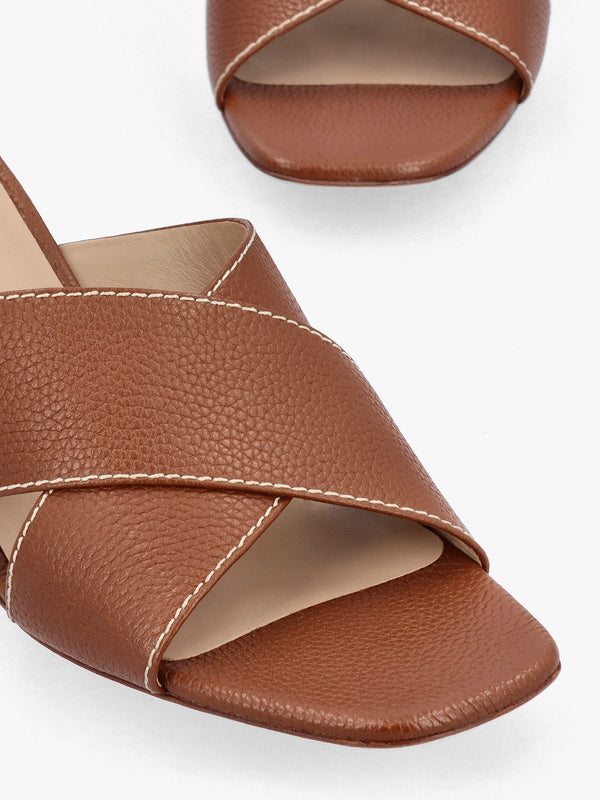 Freddi Polo Tan Leather Cross Strap Heeled Mules