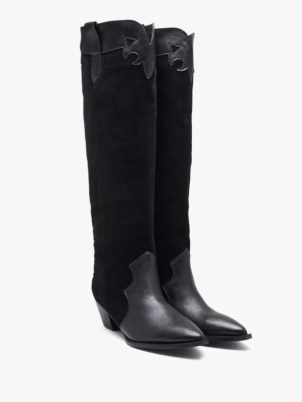 Bandana Black Suede & Leather Western Knee Boots