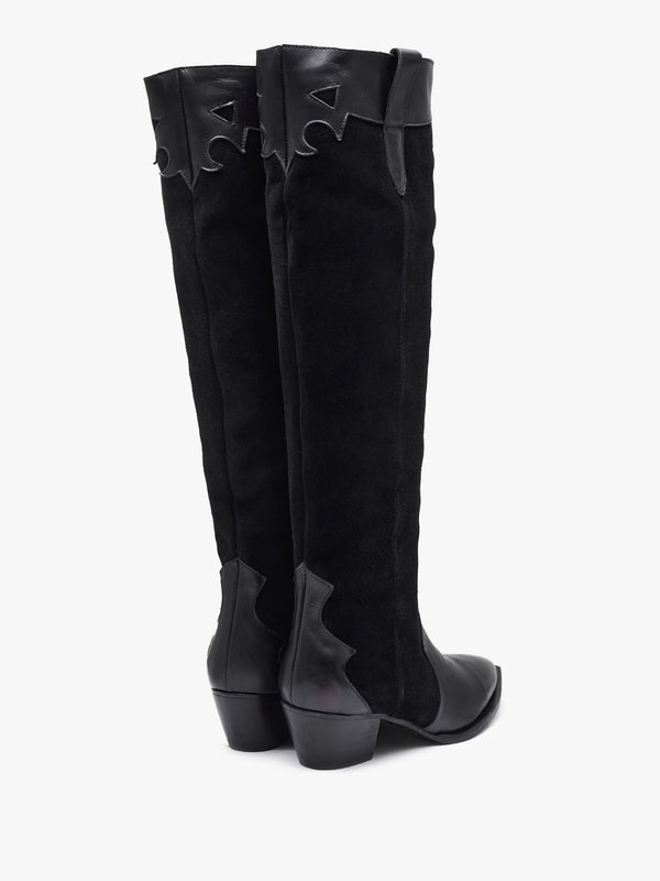 Bandana Black Suede & Leather Western Knee Boots
