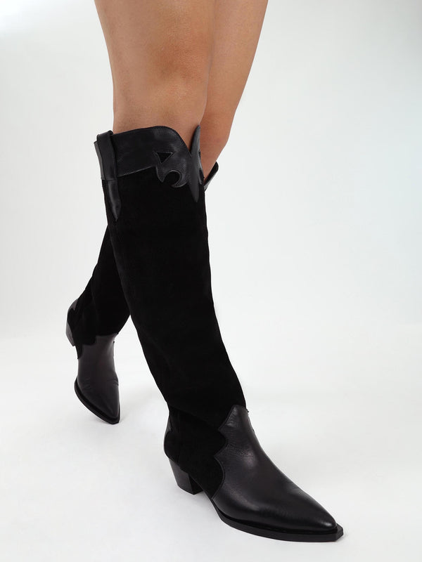 Bandana Black Suede & Leather Western Knee Boots