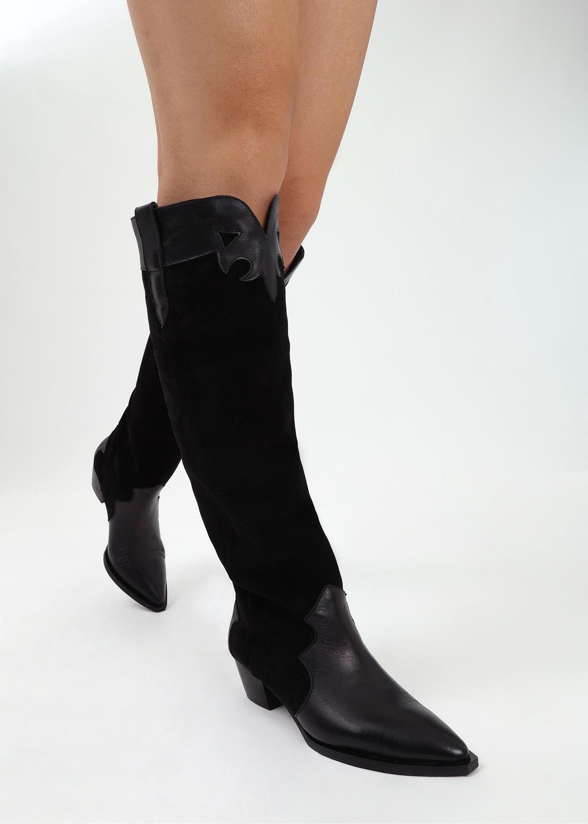 Bandana Black Suede & Leather Western Knee Boots