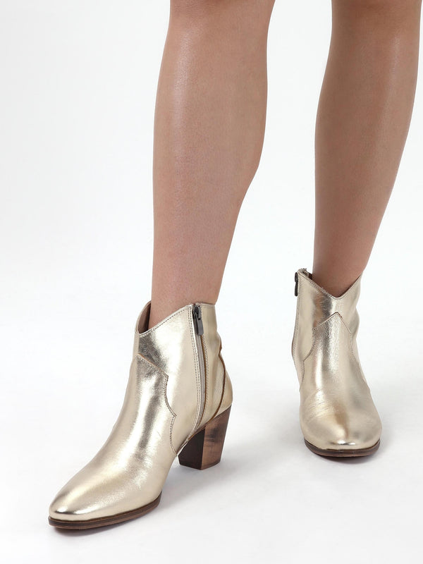 Barara Gold Leather Western Ankle Boots