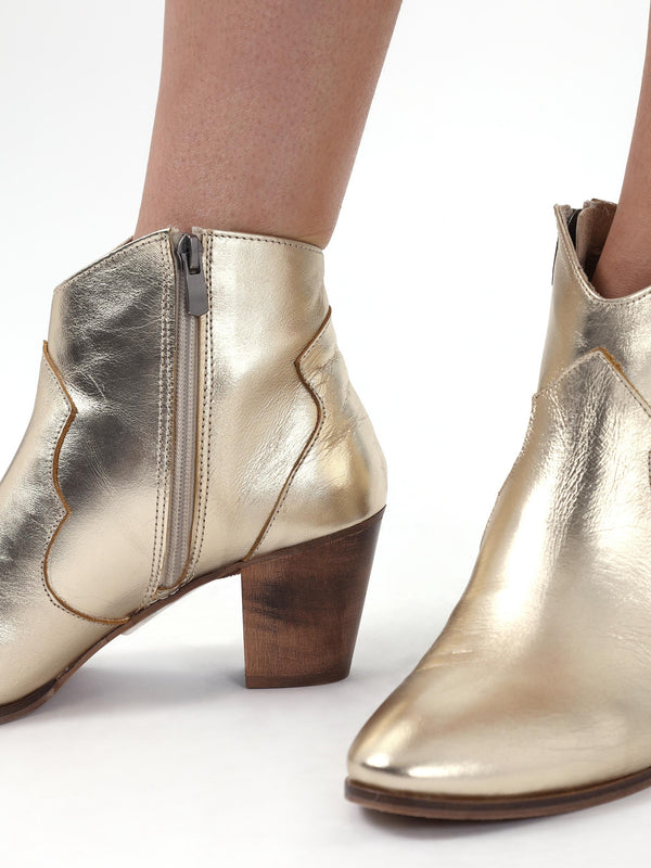 Barara Gold Leather Western Ankle Boots