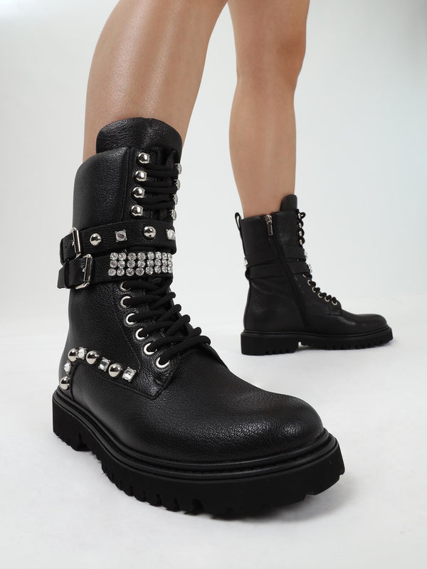 Ella Black Leather Embellished Tall Ankle Boots