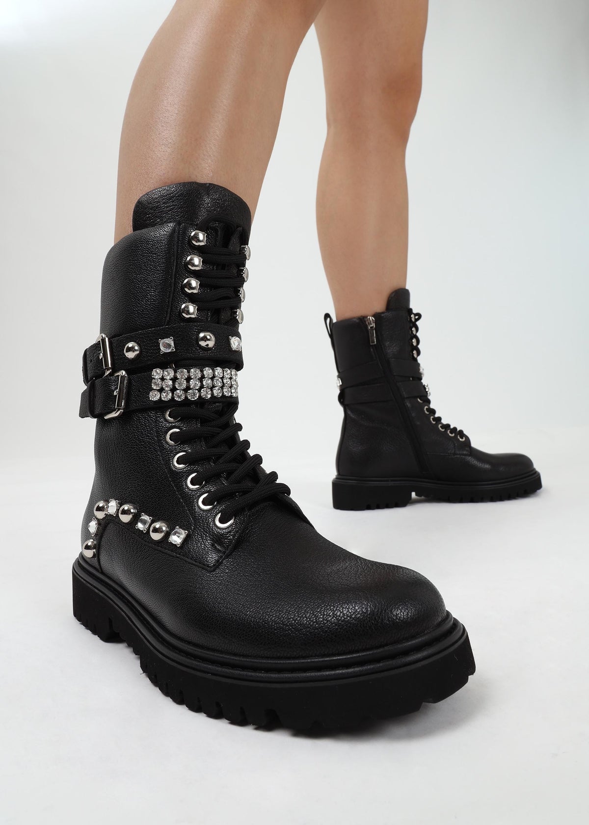 Ella Black Leather Embellished Tall Ankle Boots