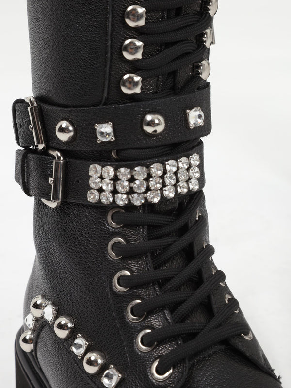 Ella Black Leather Embellished Tall Ankle Boots