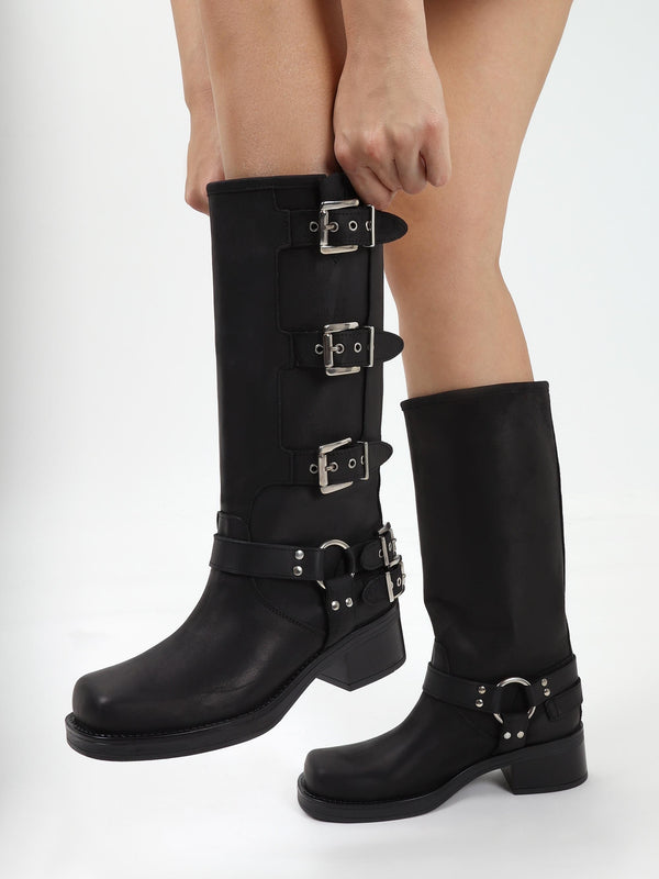 Emotie Black Leather Multi Buckle Biker Boots