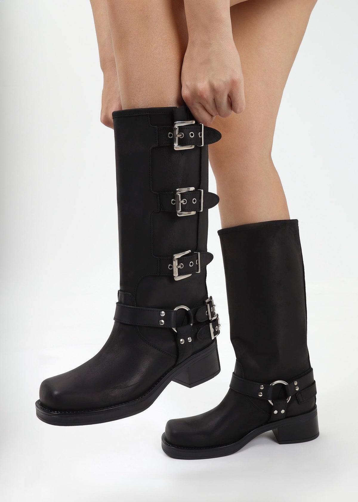 Emotie Black Leather Multi Buckle Biker Boots