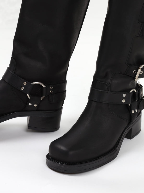 Emotie Black Leather Multi Buckle Biker Boots