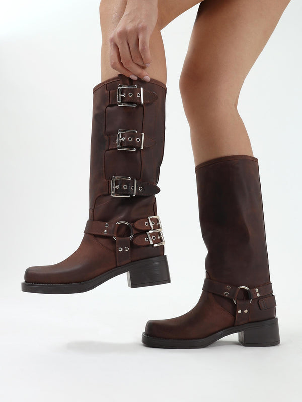 Emotie Brown Leather Multi Buckle Biker Boots