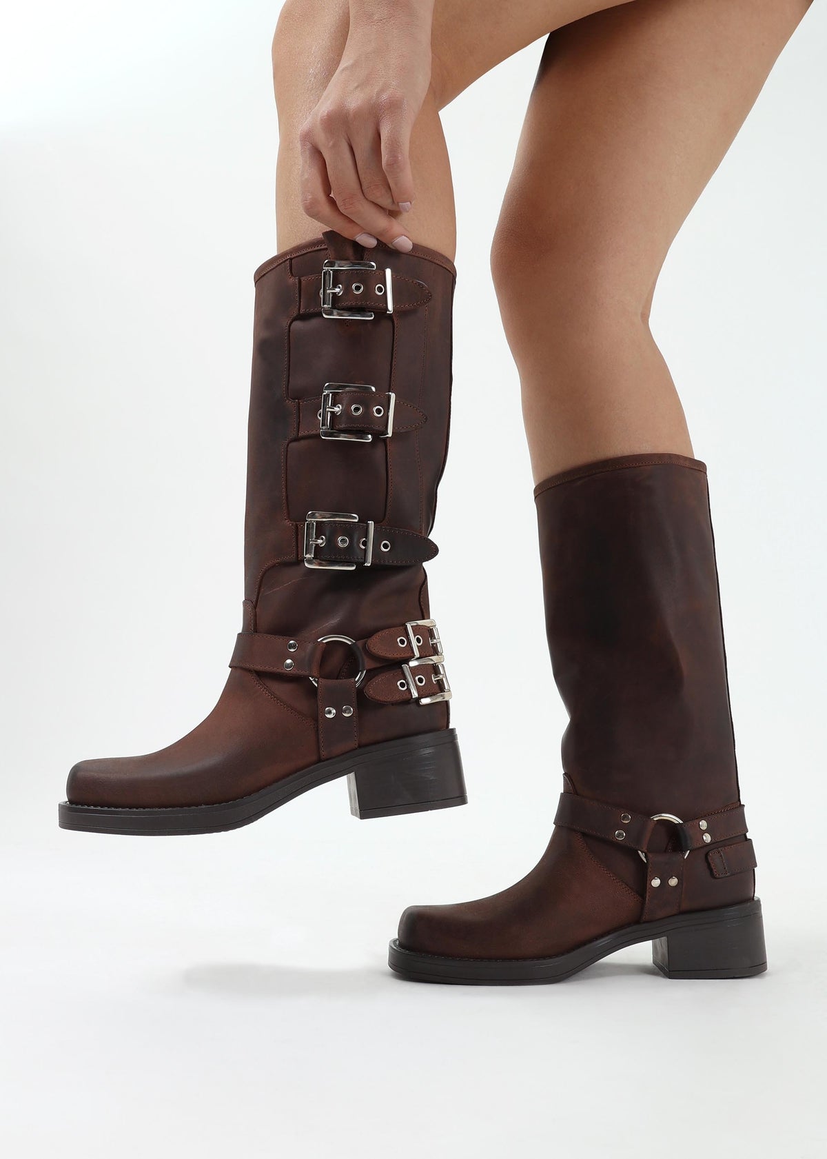 Emotie Brown Leather Multi Buckle Biker Boots