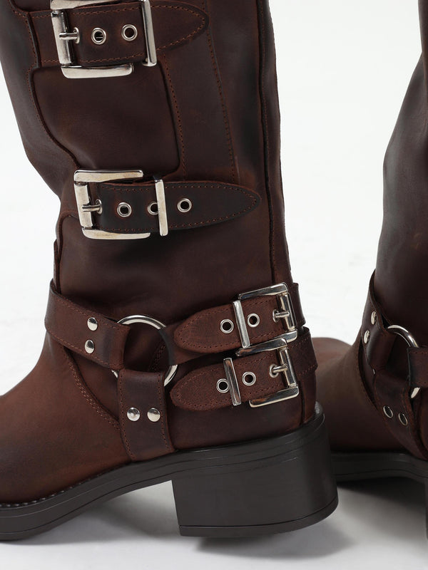 Emotie Brown Leather Multi Buckle Biker Boots