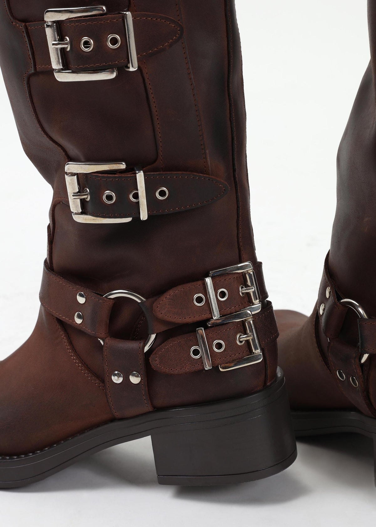 Emotie Brown Leather Multi Buckle Biker Boots
