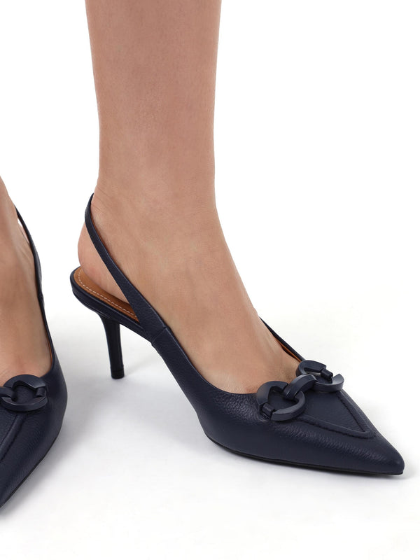 Eppie Navy Leather Mid Heel Sling Back Shoes