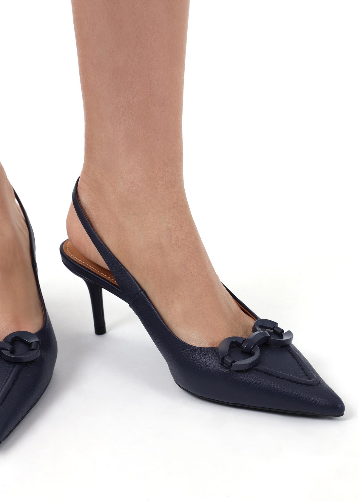 Eppie Navy Leather Mid Heel Sling Back Shoes