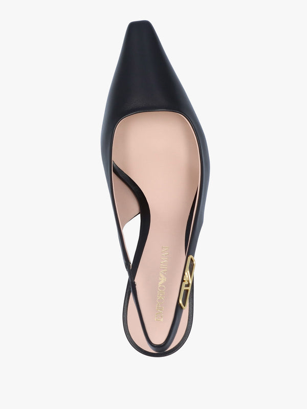 Decollete Black Leather Sling Back Heels