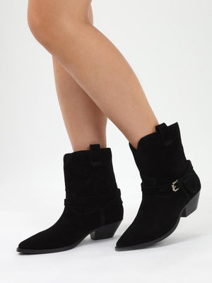 Esmena Black Suede Western Ankle Boots