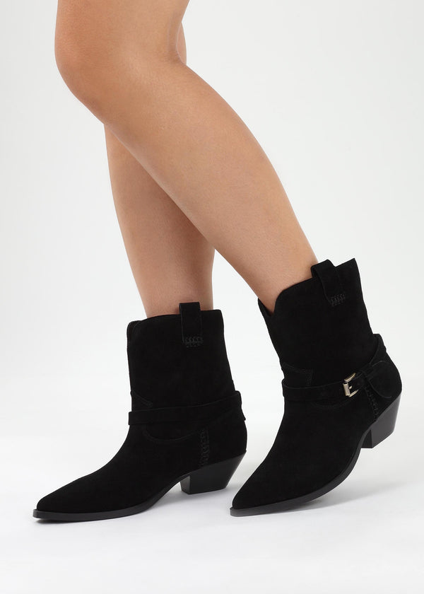 Esmena Black Suede Western Ankle Boots