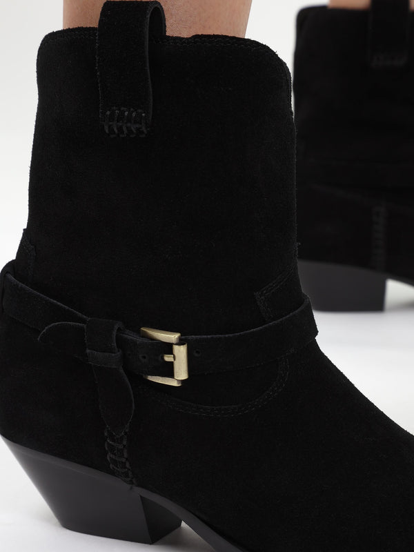 Esmena Black Suede Western Ankle Boots