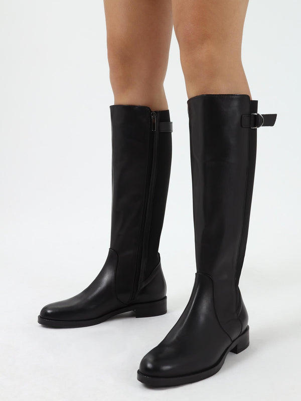 Gianna Black Leather Elastic Back Knee Boots