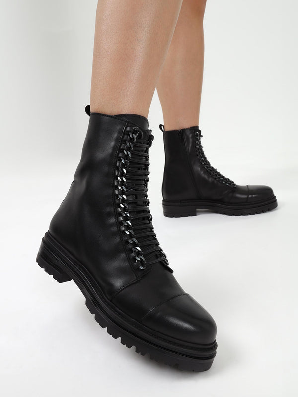 Grace Black Leather Chain Detail Ankle Boots
