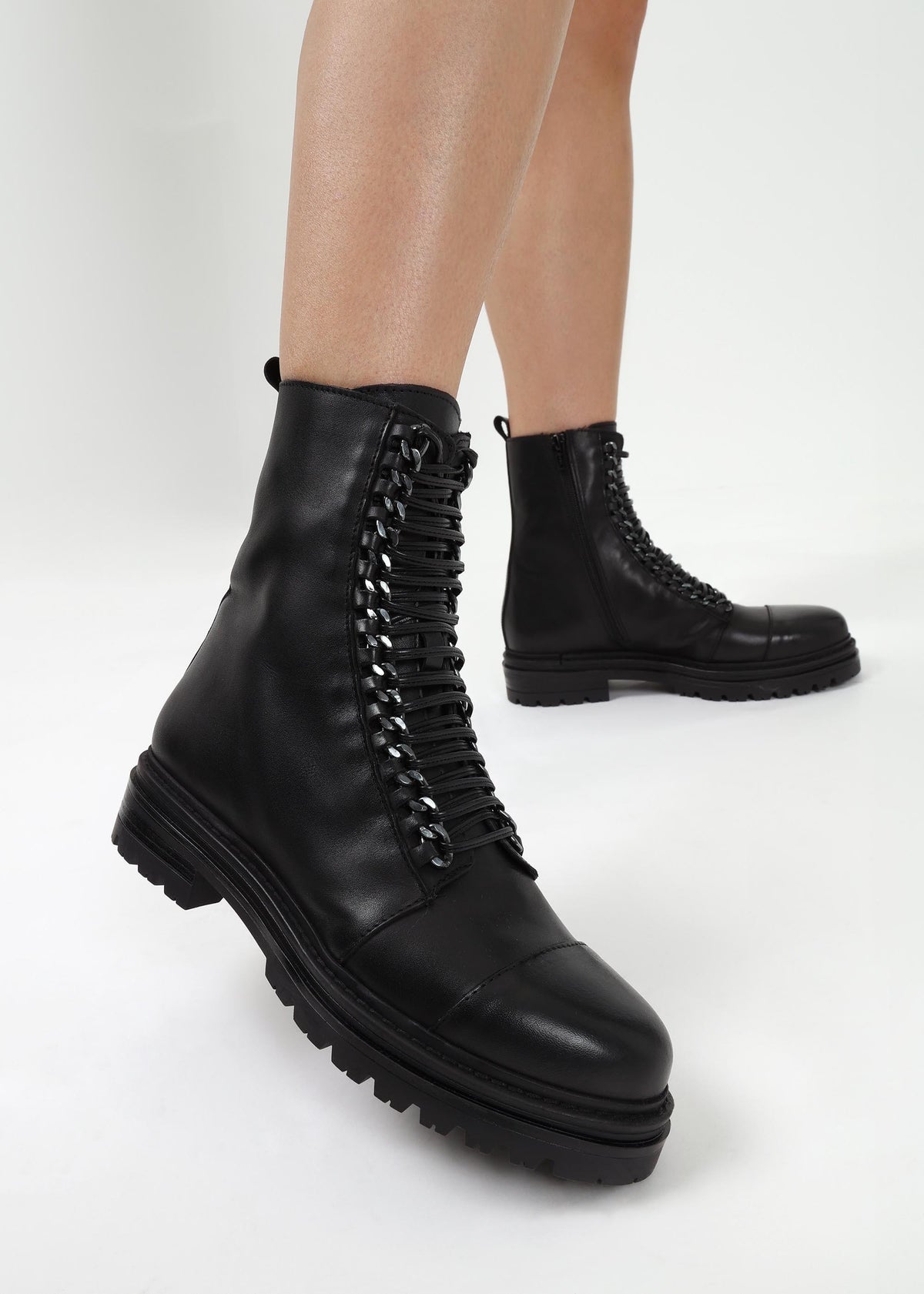 Grace Black Leather Chain Detail Ankle Boots