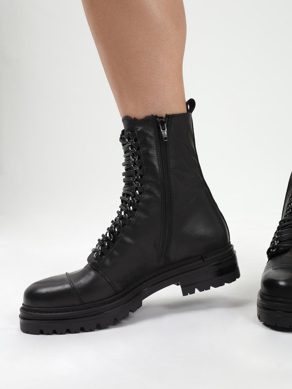 Grace Black Leather Chain Detail Ankle Boots