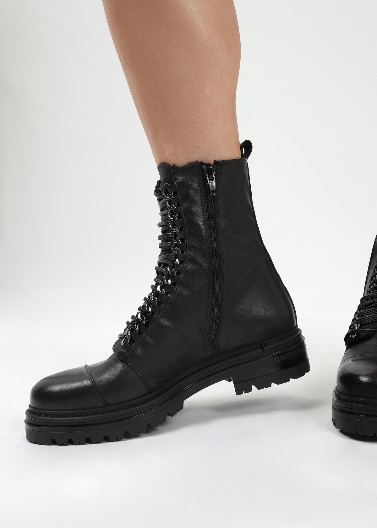 Grace Black Leather Chain Detail Ankle Boots