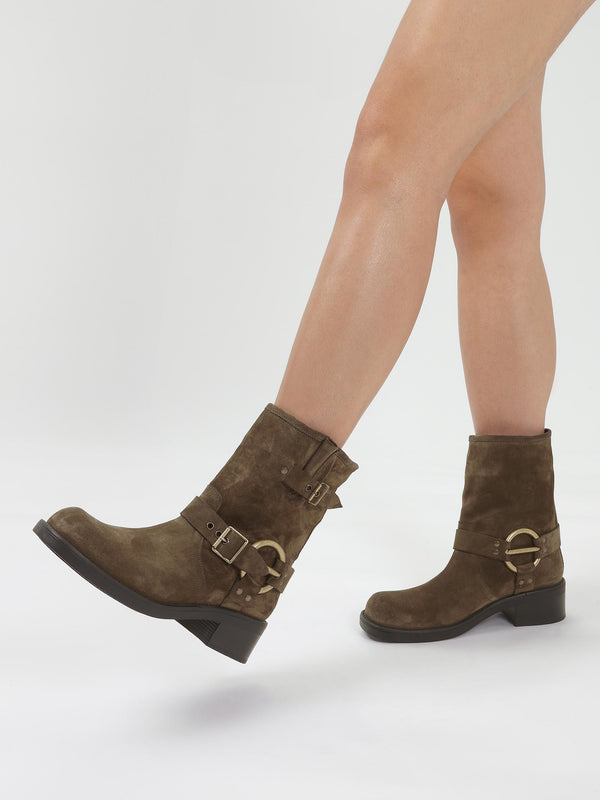 Ibike Khaki Suede Chunky Biker Boots