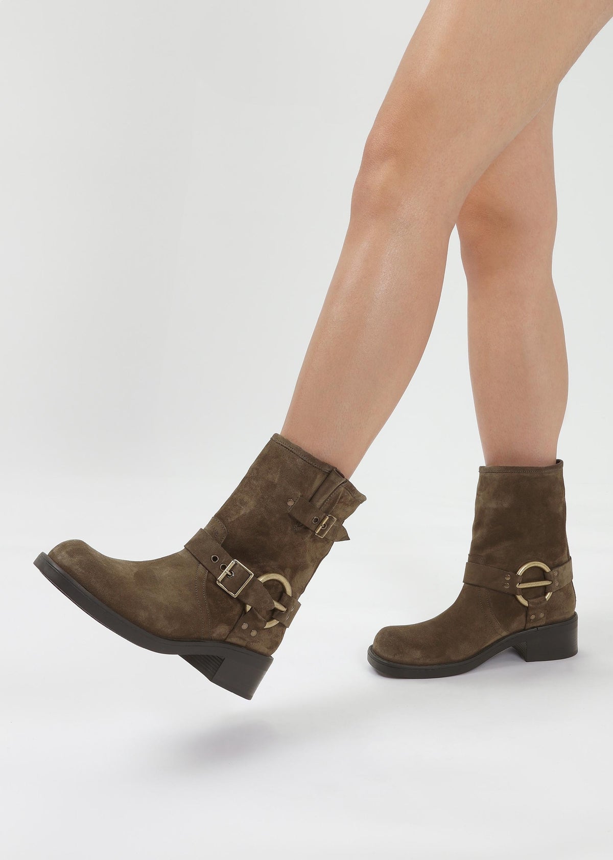 Ibike Khaki Suede Chunky Biker Boots