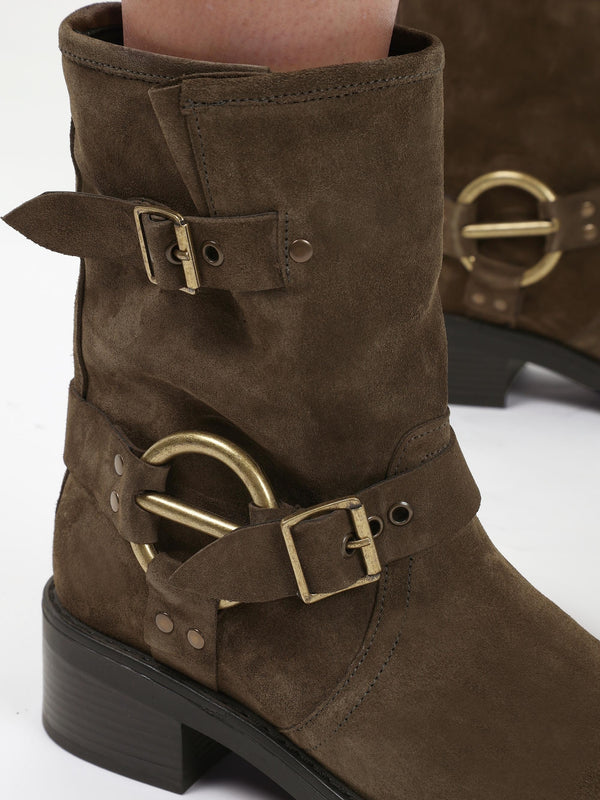 Ibike Khaki Suede Chunky Biker Boots