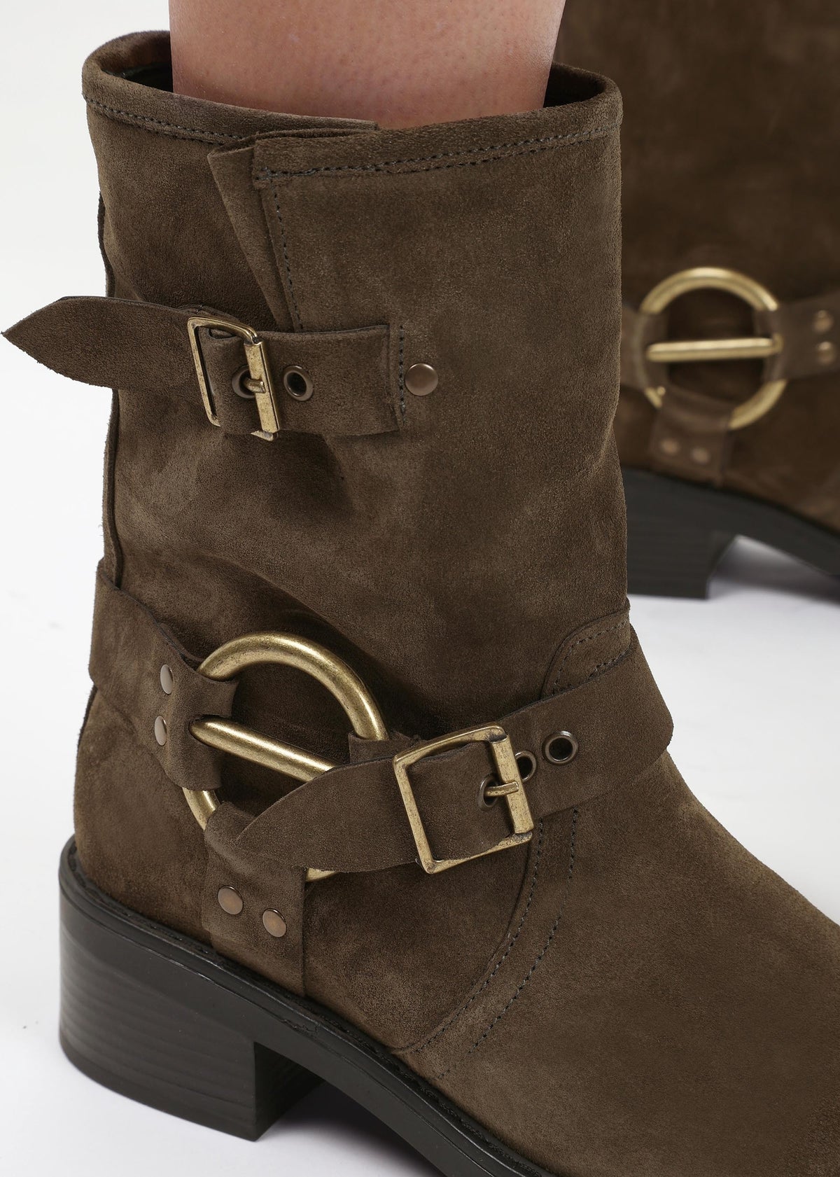 Ibike Khaki Suede Chunky Biker Boots