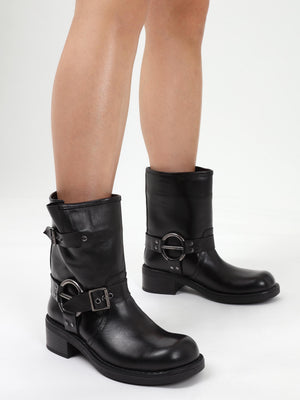 Ibike Black Leather Chunky Biker Boots