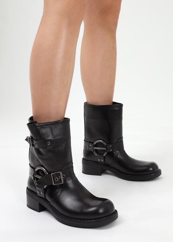 Ibike Black Leather Chunky Biker Boots