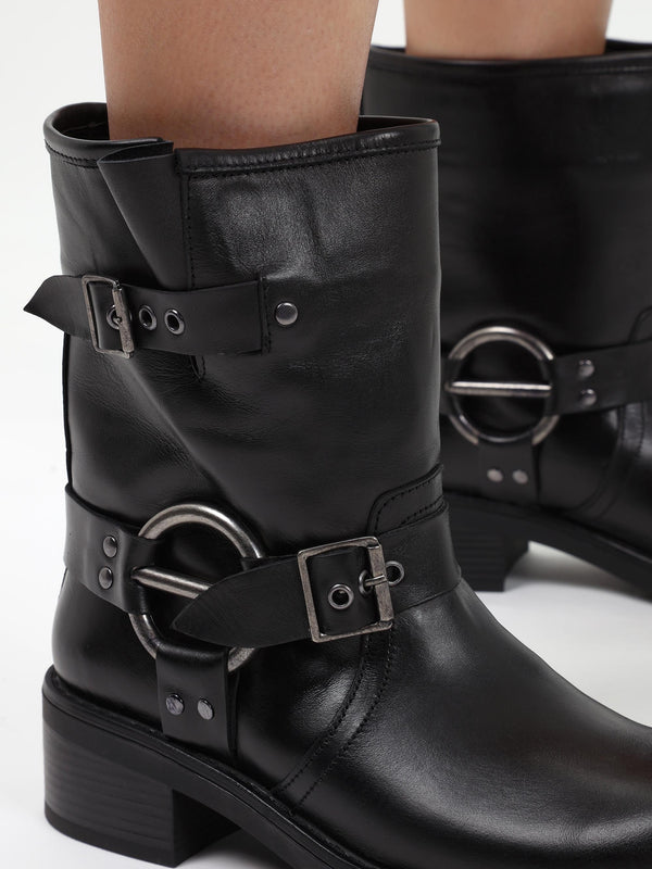 Ibike Black Leather Chunky Biker Boots