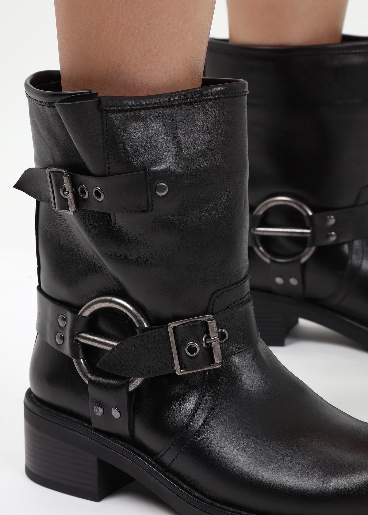 Ibike Black Leather Chunky Biker Boots