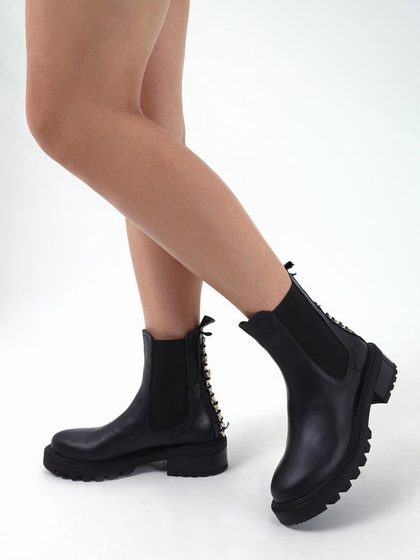 Iris Black Leather Chain Detail Chelsea Boots