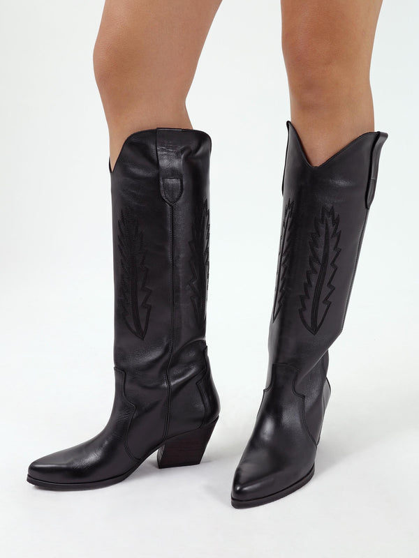 Kubra Black Leather Mid Height Cowboy Boots